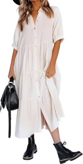 R.Vivimos Women's Summer Cotton Half Sleeves Button Down Casual Loose Slit Midi Dress with Pockets