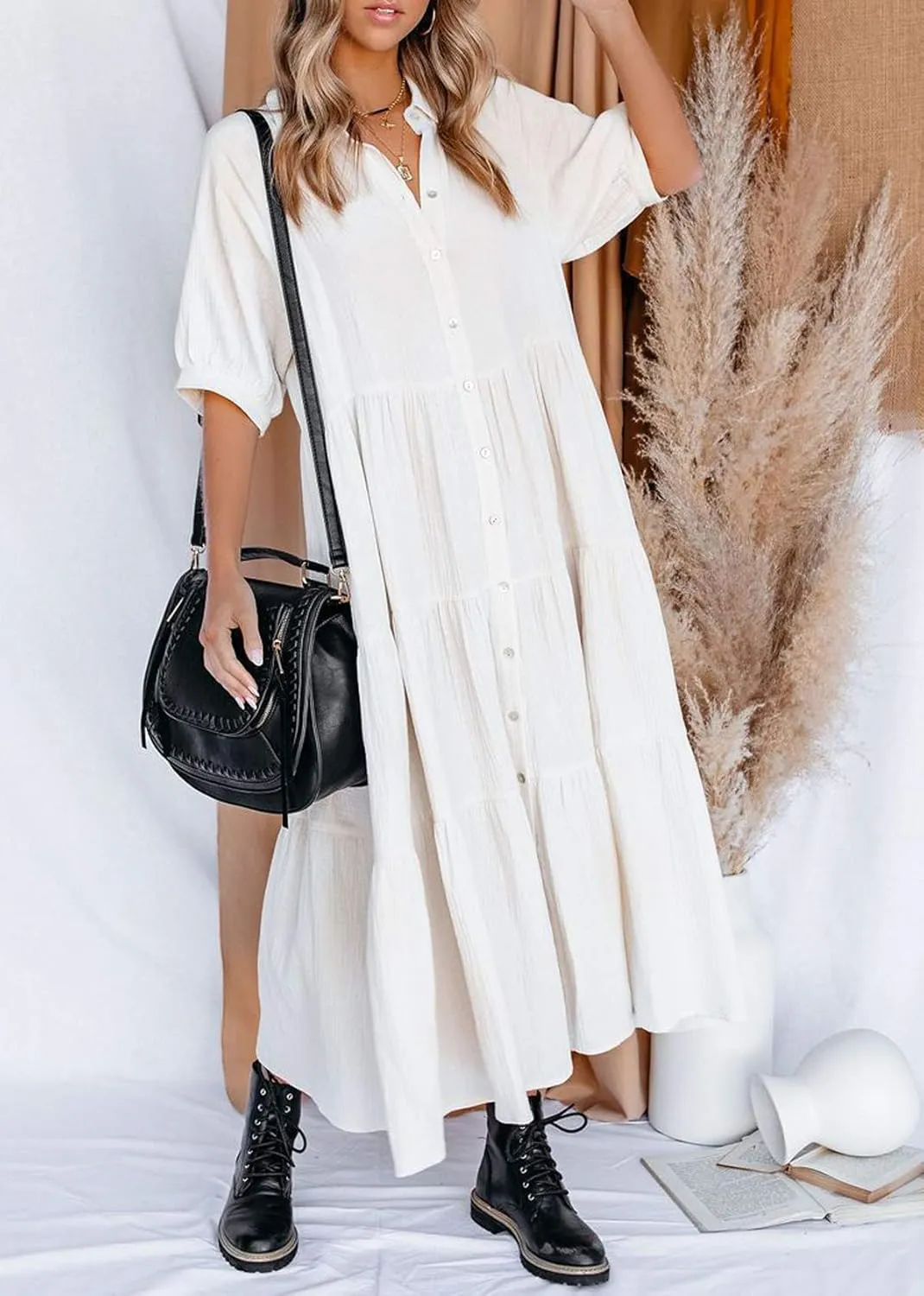 R.Vivimos Women's Summer Cotton Half Sleeves Button Down Casual Loose Slit Midi Dress with Pockets