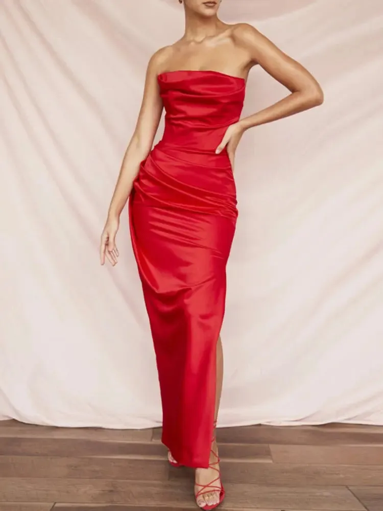 Satin Draped Tube Maxi Dress
