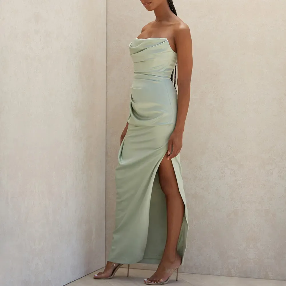 Satin Draped Tube Maxi Dress