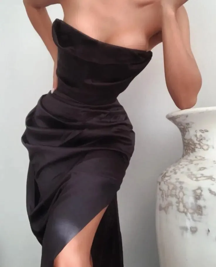 Satin Draped Tube Maxi Dress