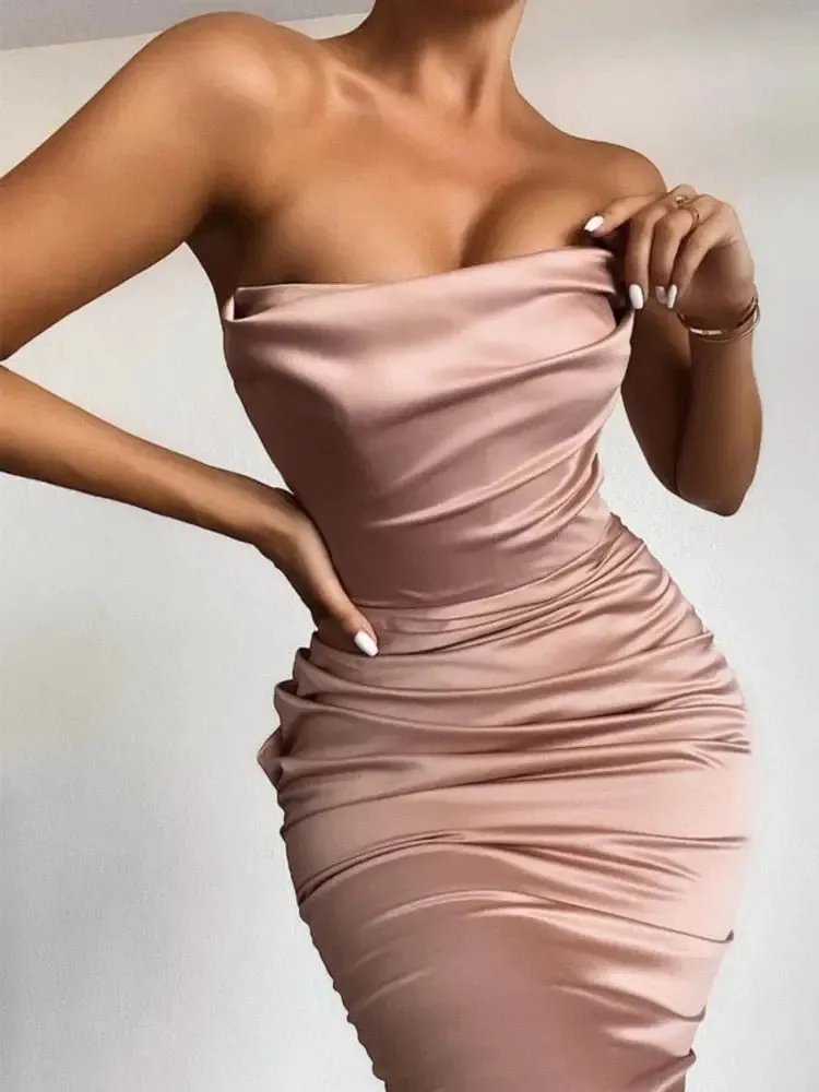 Satin Draped Tube Maxi Dress