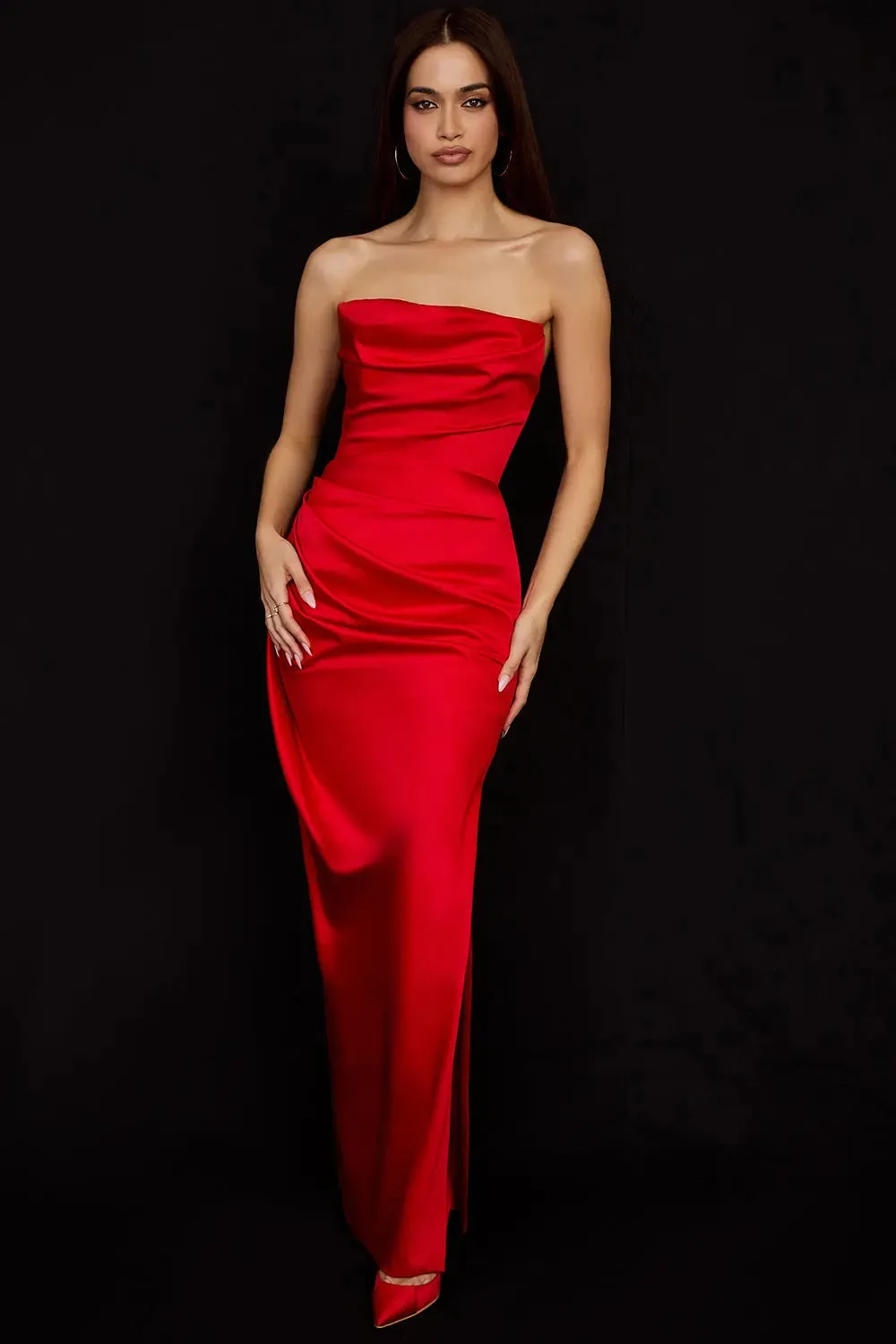 Satin Draped Tube Maxi Dress