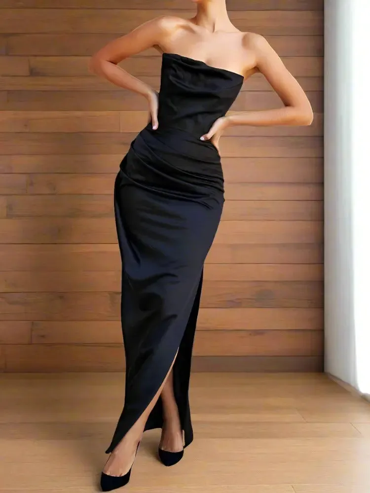 Satin Draped Tube Maxi Dress