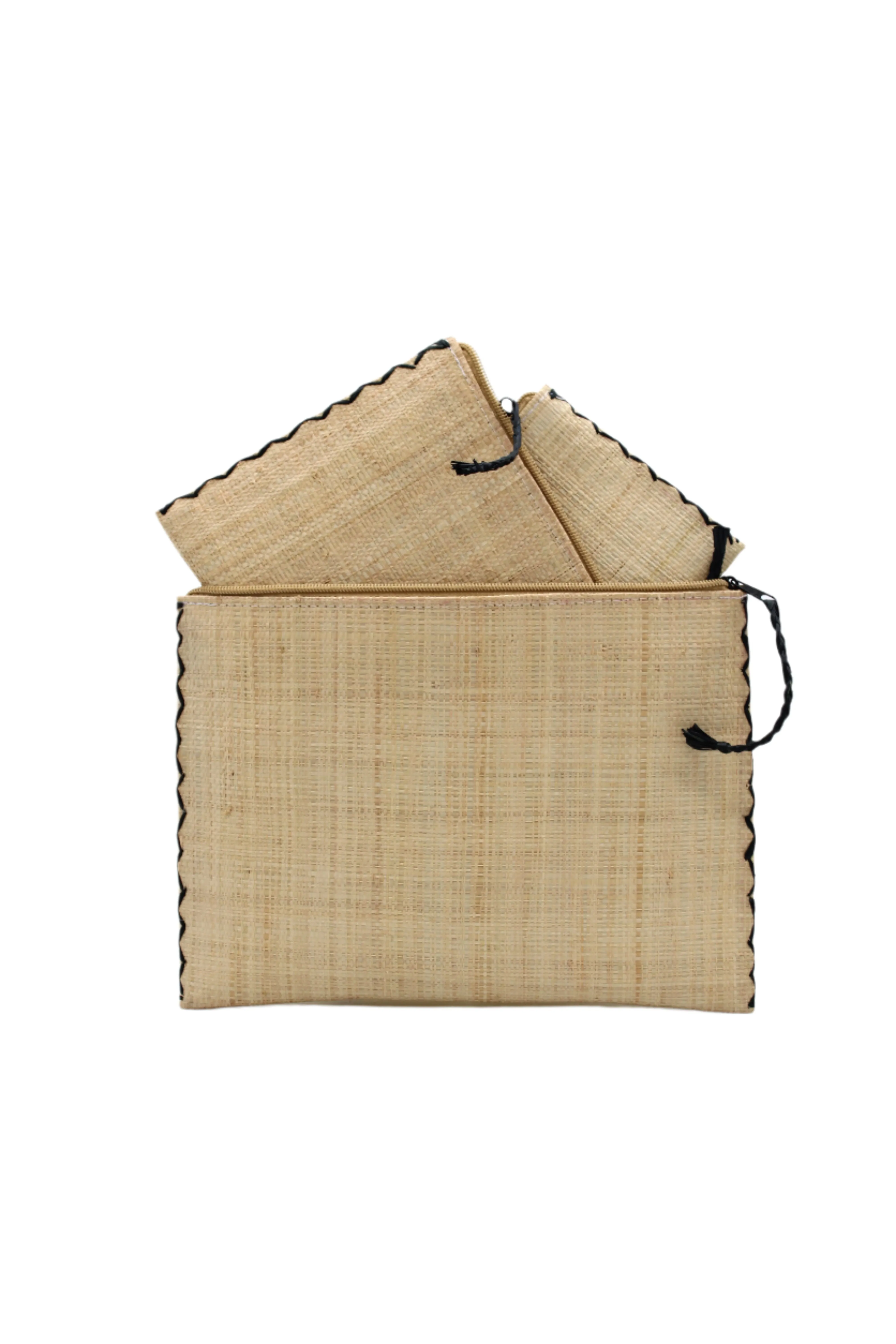 Set of 3 Nesting Zippered Straw Clutches Solid Colors