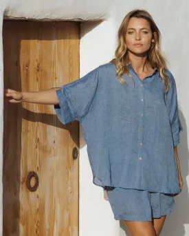 Short-sleeved linen top CABRERA in Denim chambray