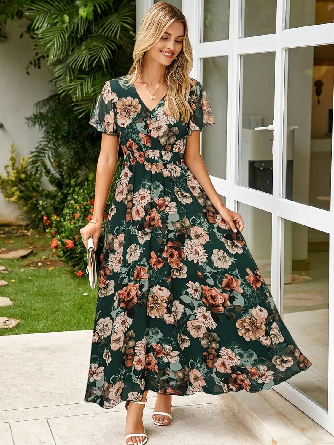 Simplee Womens Floral Maxi Dress - Short Sleeve Summer Boho Wedding Guest Dress Empire Waist Chiffon Modest Midi Dresses