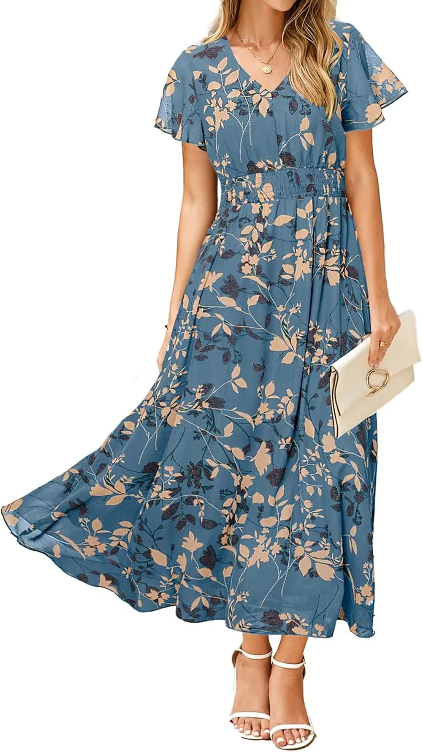 Simplee Womens Floral Maxi Dress - Short Sleeve Summer Boho Wedding Guest Dress Empire Waist Chiffon Modest Midi Dresses