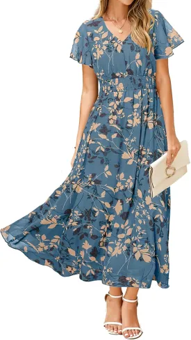 Simplee Womens Floral Maxi Dress - Short Sleeve Summer Boho Wedding Guest Dress Empire Waist Chiffon Modest Midi Dresses