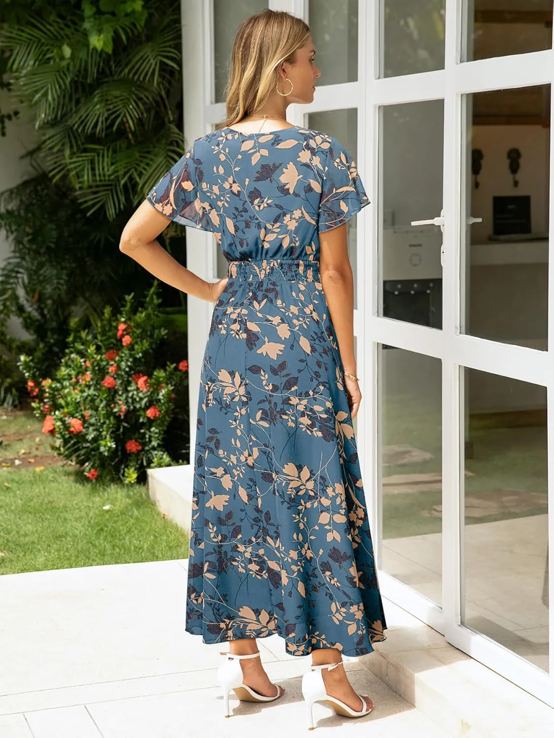 Simplee Womens Floral Maxi Dress - Short Sleeve Summer Boho Wedding Guest Dress Empire Waist Chiffon Modest Midi Dresses