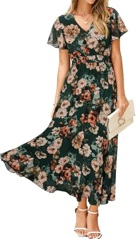 Simplee Womens Floral Maxi Dress - Short Sleeve Summer Boho Wedding Guest Dress Empire Waist Chiffon Modest Midi Dresses
