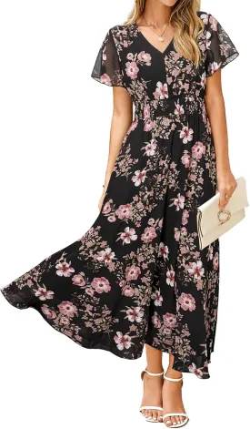 Simplee Womens Floral Maxi Dress - Short Sleeve Summer Boho Wedding Guest Dress Empire Waist Chiffon Modest Midi Dresses