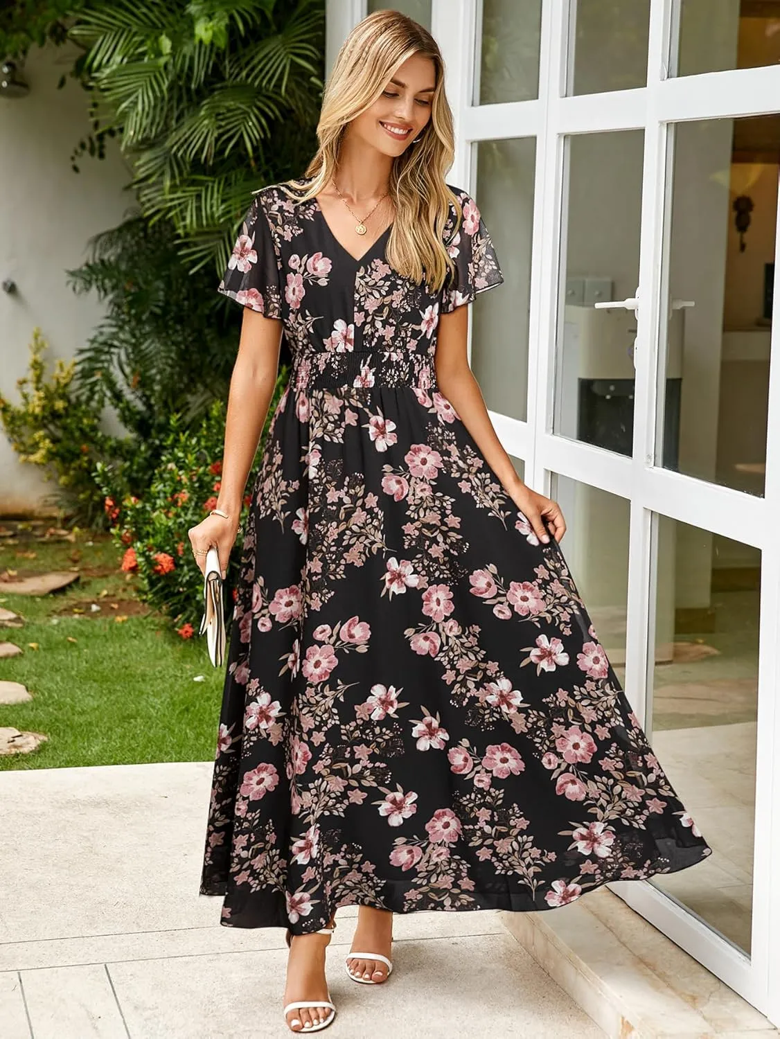 Simplee Womens Floral Maxi Dress - Short Sleeve Summer Boho Wedding Guest Dress Empire Waist Chiffon Modest Midi Dresses