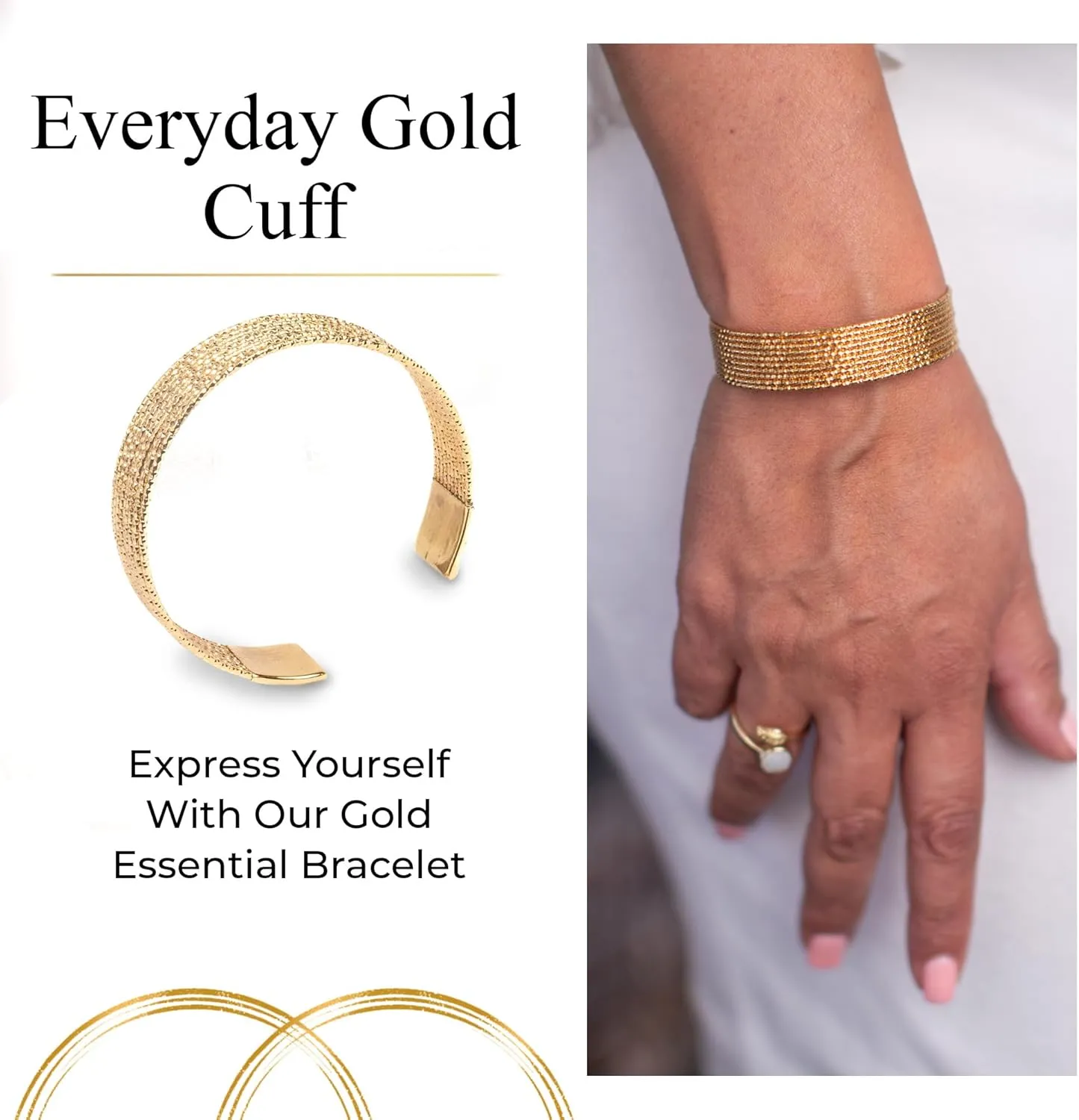 Stylish Elegant 14K Gold Plated Flexible Wide Open Cuff, Woman's Bangle Jewelry, Stunning Yellow Gold Color Bracelet, Multiple Dainty Twisted Bead Layers and Elegant Solid Square End Finish