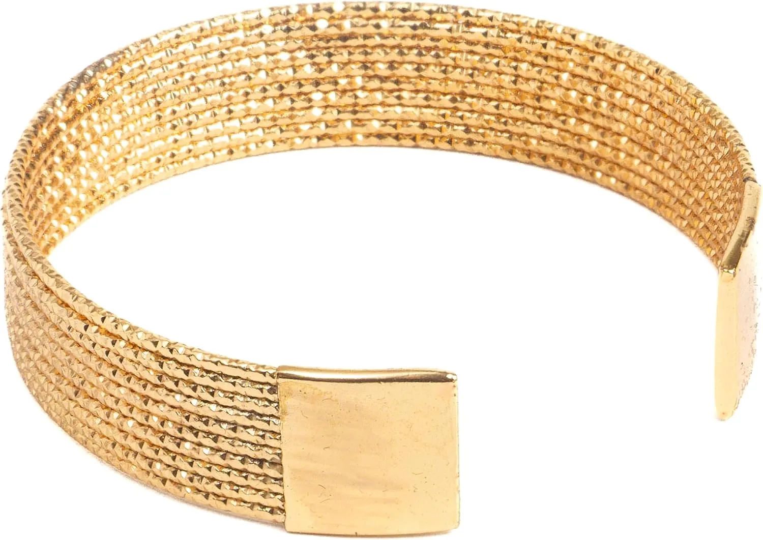 Stylish Elegant 14K Gold Plated Flexible Wide Open Cuff, Woman's Bangle Jewelry, Stunning Yellow Gold Color Bracelet, Multiple Dainty Twisted Bead Layers and Elegant Solid Square End Finish