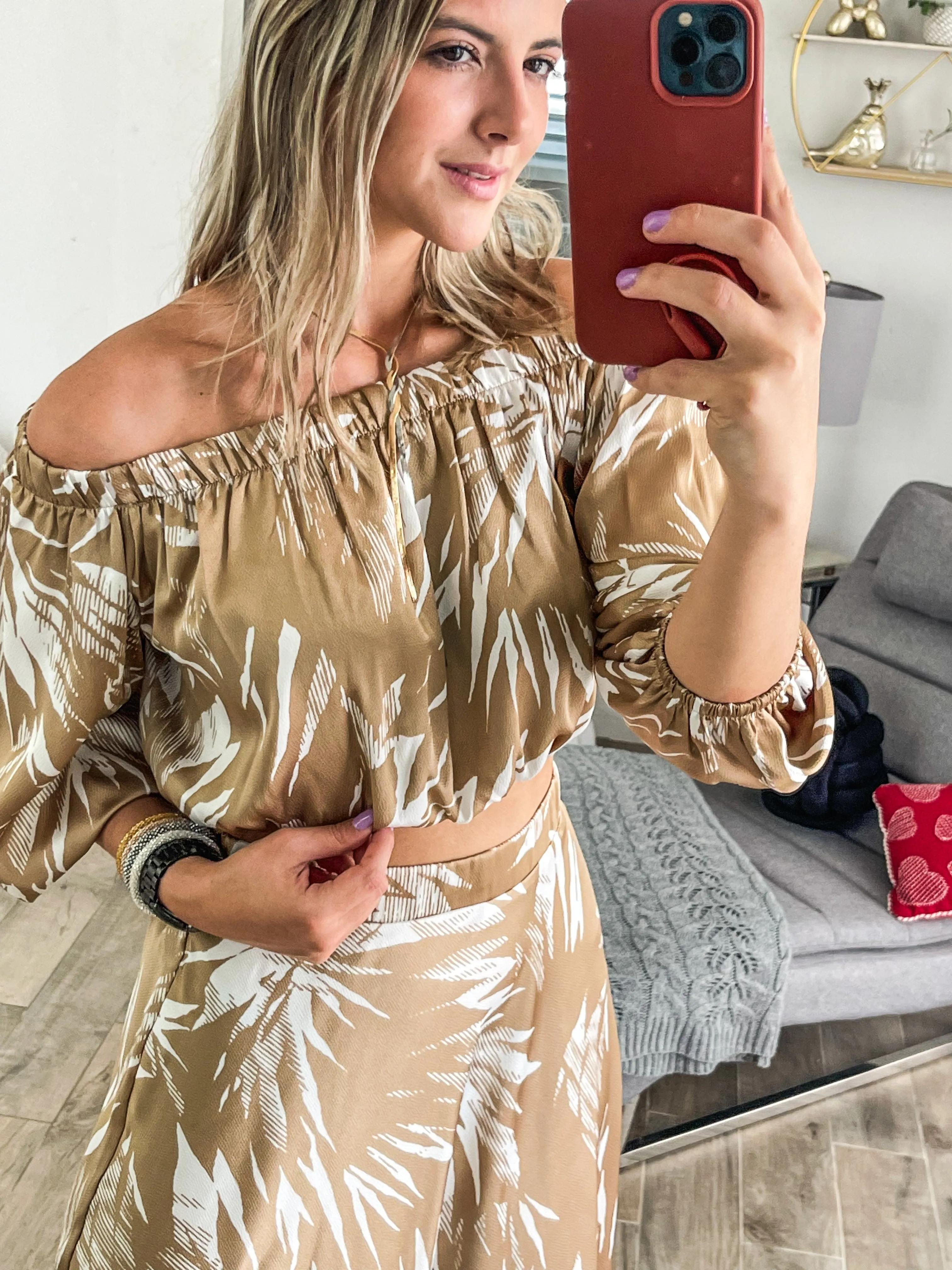 TAN SATIN HAMMERED OFF SHOULDER TOP
