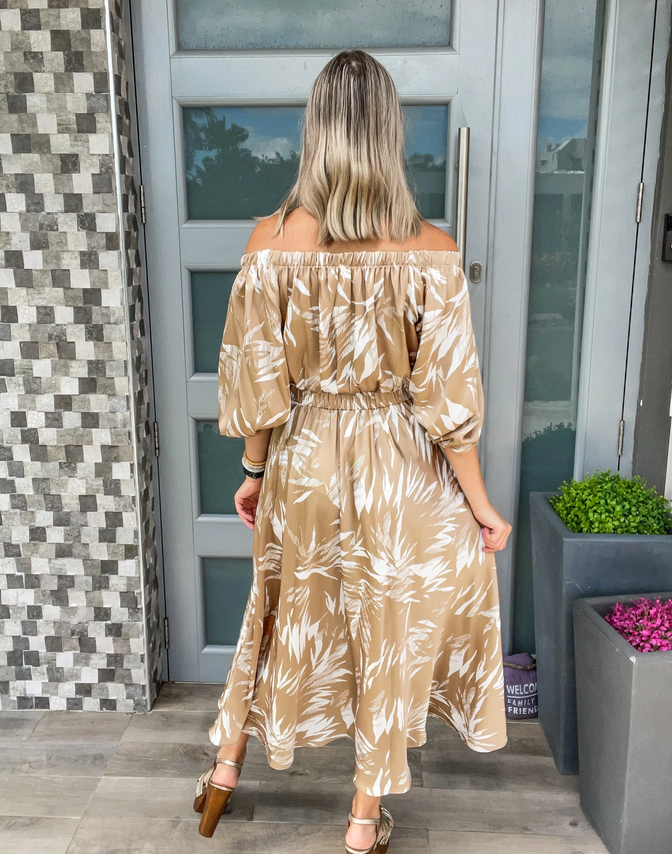 TAN SATIN HAMMERED OFF SHOULDER TOP
