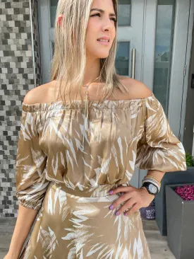 TAN SATIN HAMMERED OFF SHOULDER TOP