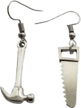 Tiny Hammer and Saw Charm Earrings, Miniature Tool Jewelry, Unmatch Unusual Earrings
