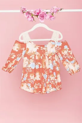 Toddler Girls Boho Floral Rust Cold Shoulder Crochet Detail Top /3-1