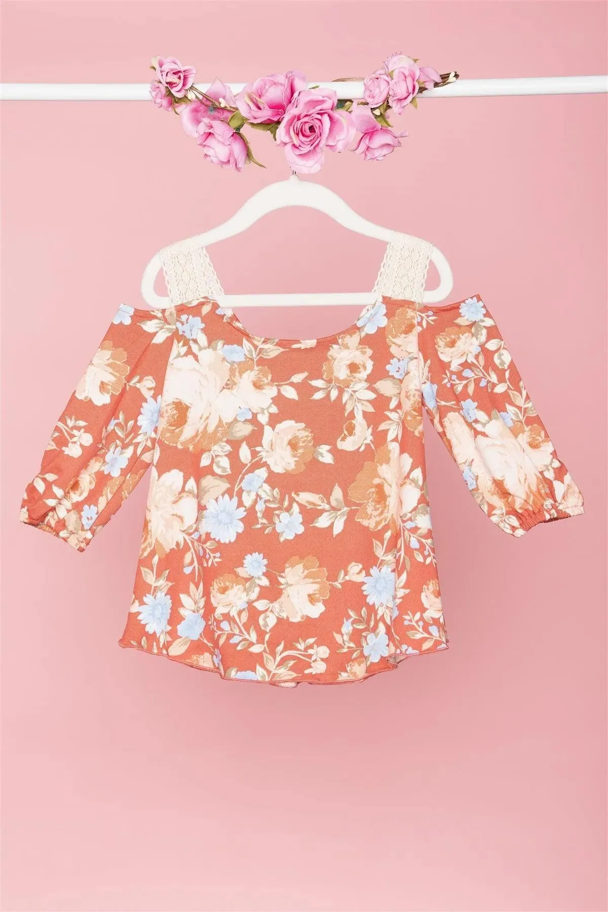 Toddler Girls Boho Floral Rust Cold Shoulder Crochet Detail Top /3-1