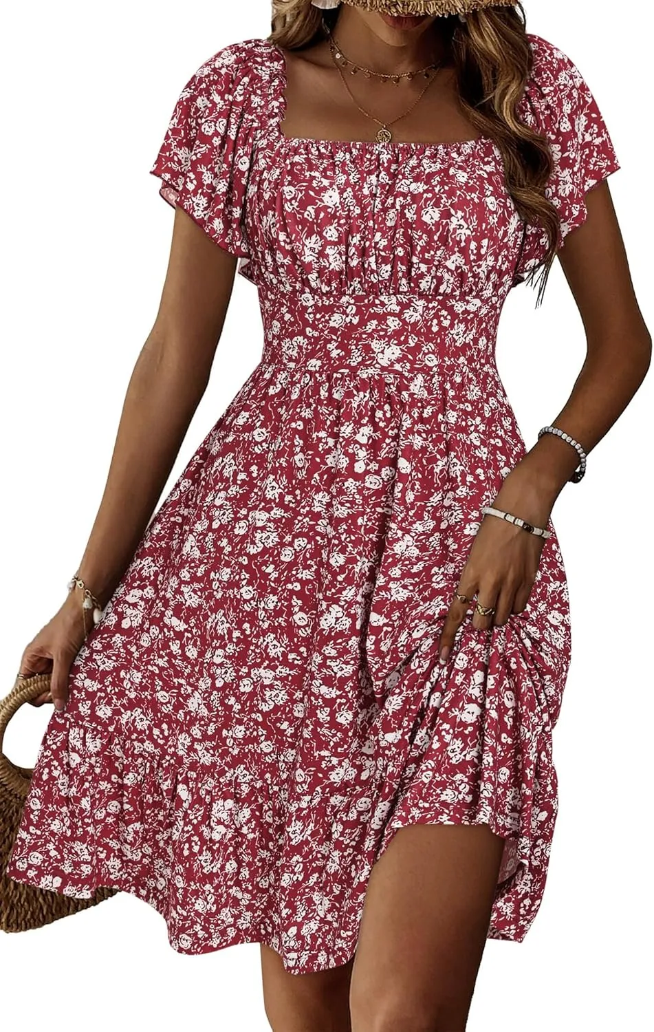 TORARY Cute Summer Dresses for Women 2024 Flutter Sleeve Square Neck Casual Spring Sundresses
