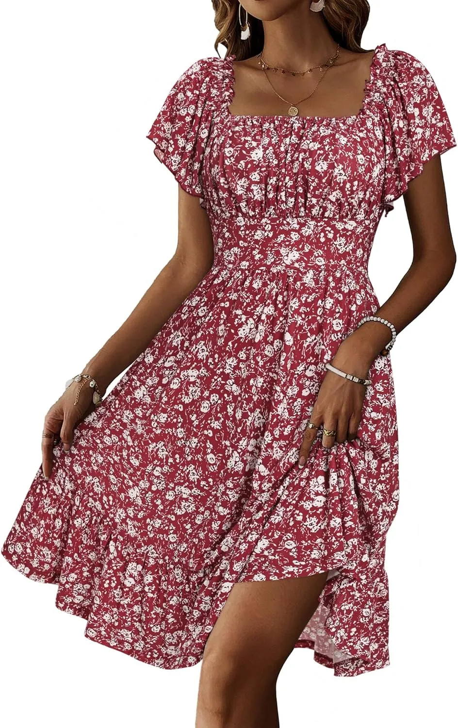 TORARY Cute Summer Dresses for Women 2024 Flutter Sleeve Square Neck Casual Spring Sundresses