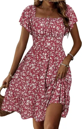 TORARY Cute Summer Dresses for Women 2024 Flutter Sleeve Square Neck Casual Spring Sundresses