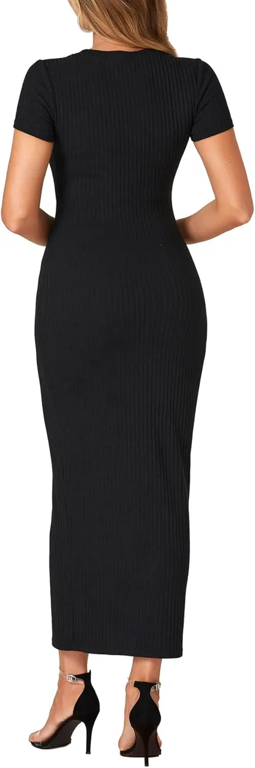 Umenlele Women’s Casual Short Sleeve Ribbed Knit Bodycon Fitted Pencil Long Maxi Dress