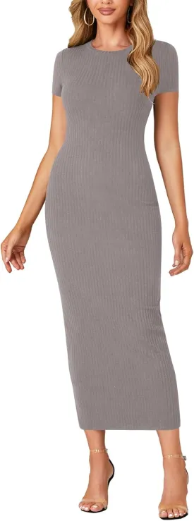 Umenlele Women’s Casual Short Sleeve Ribbed Knit Bodycon Fitted Pencil Long Maxi Dress