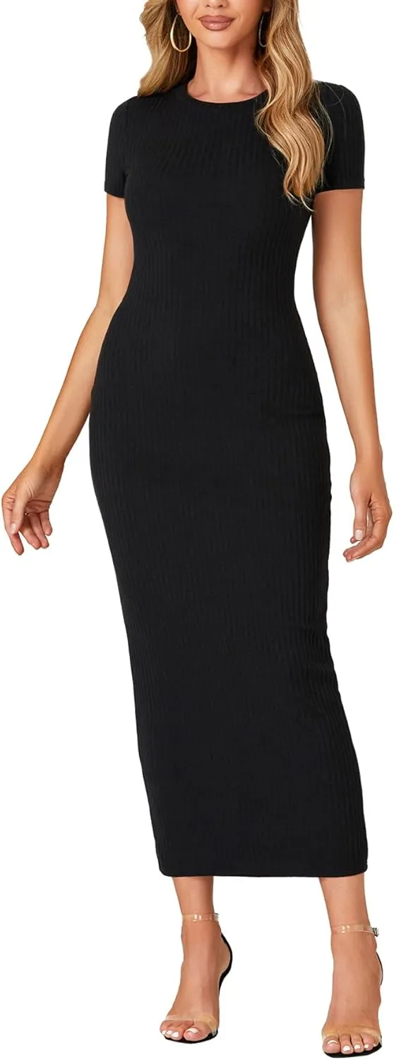 Umenlele Women’s Casual Short Sleeve Ribbed Knit Bodycon Fitted Pencil Long Maxi Dress