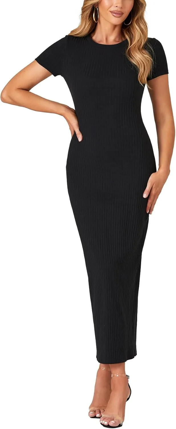Umenlele Women’s Casual Short Sleeve Ribbed Knit Bodycon Fitted Pencil Long Maxi Dress