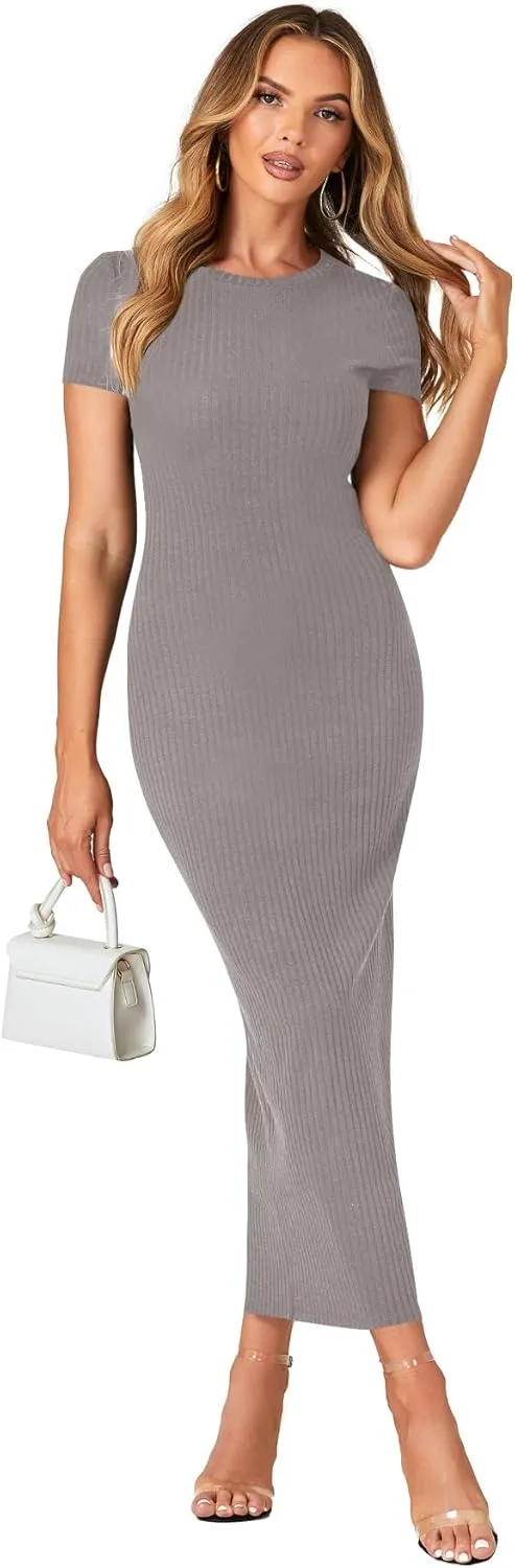 Umenlele Women’s Casual Short Sleeve Ribbed Knit Bodycon Fitted Pencil Long Maxi Dress