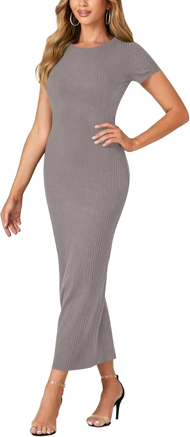 Umenlele Women’s Casual Short Sleeve Ribbed Knit Bodycon Fitted Pencil Long Maxi Dress