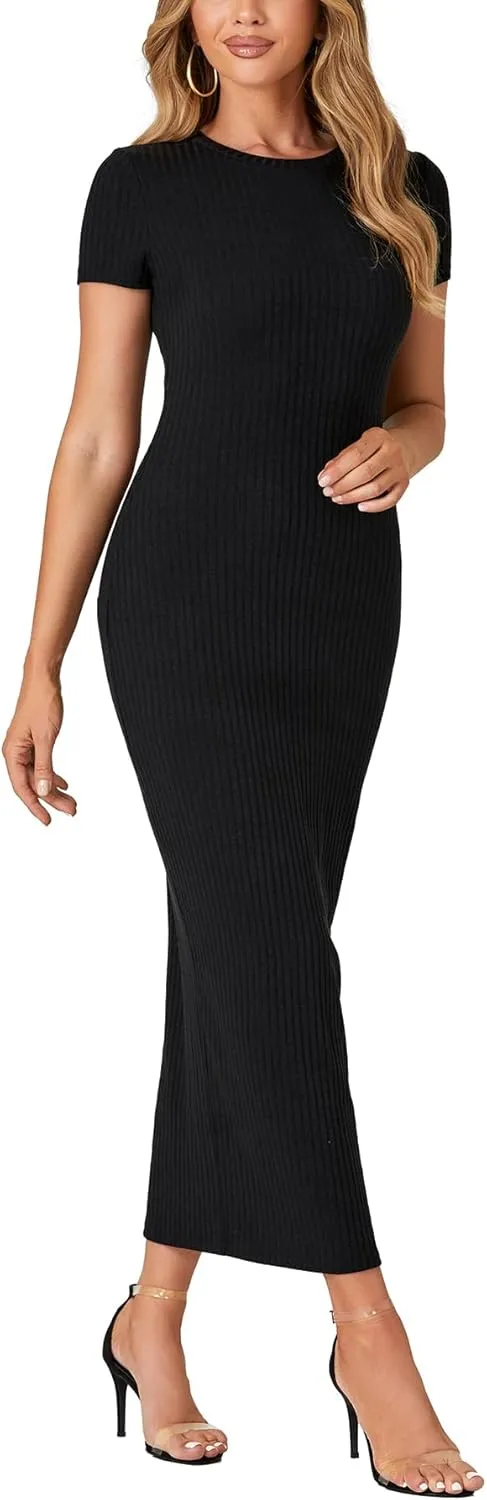 Umenlele Women’s Casual Short Sleeve Ribbed Knit Bodycon Fitted Pencil Long Maxi Dress