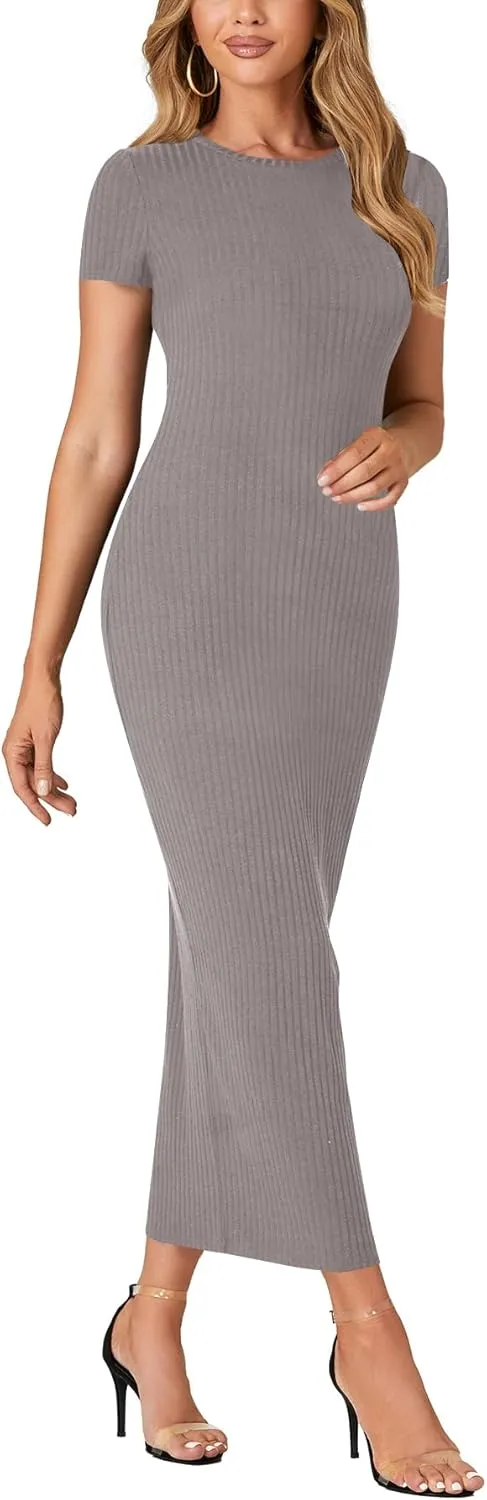 Umenlele Women’s Casual Short Sleeve Ribbed Knit Bodycon Fitted Pencil Long Maxi Dress