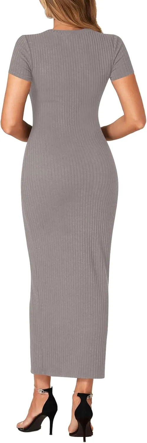 Umenlele Women’s Casual Short Sleeve Ribbed Knit Bodycon Fitted Pencil Long Maxi Dress