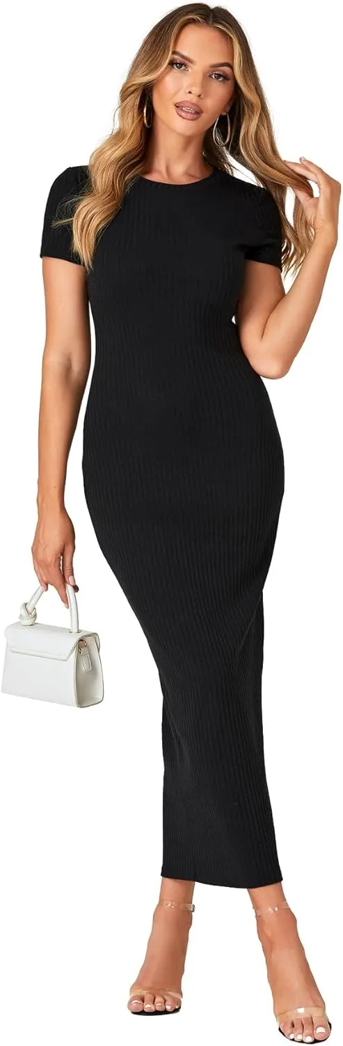 Umenlele Women’s Casual Short Sleeve Ribbed Knit Bodycon Fitted Pencil Long Maxi Dress