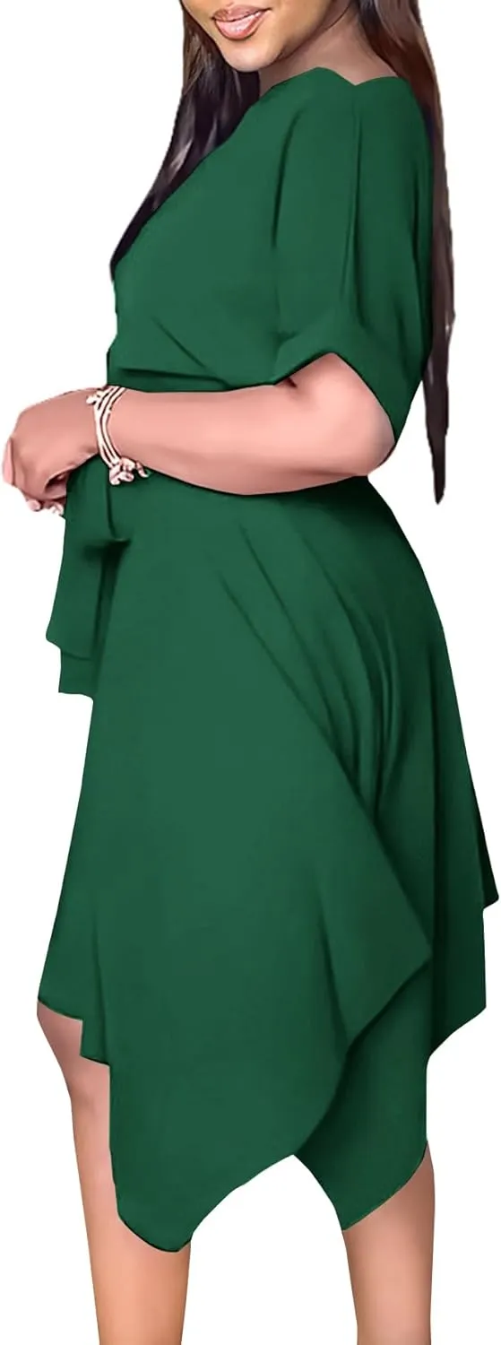Umenlele Women’s Casual Short Sleeve Tie Waist Asymmetric Hem Swing Summer A Line Midi Dress