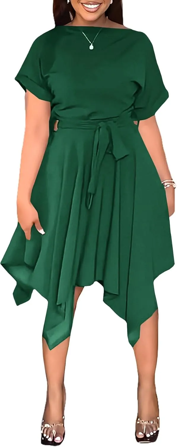 Umenlele Women’s Casual Short Sleeve Tie Waist Asymmetric Hem Swing Summer A Line Midi Dress