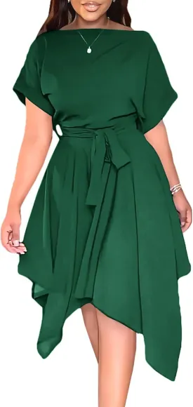 Umenlele Women’s Casual Short Sleeve Tie Waist Asymmetric Hem Swing Summer A Line Midi Dress