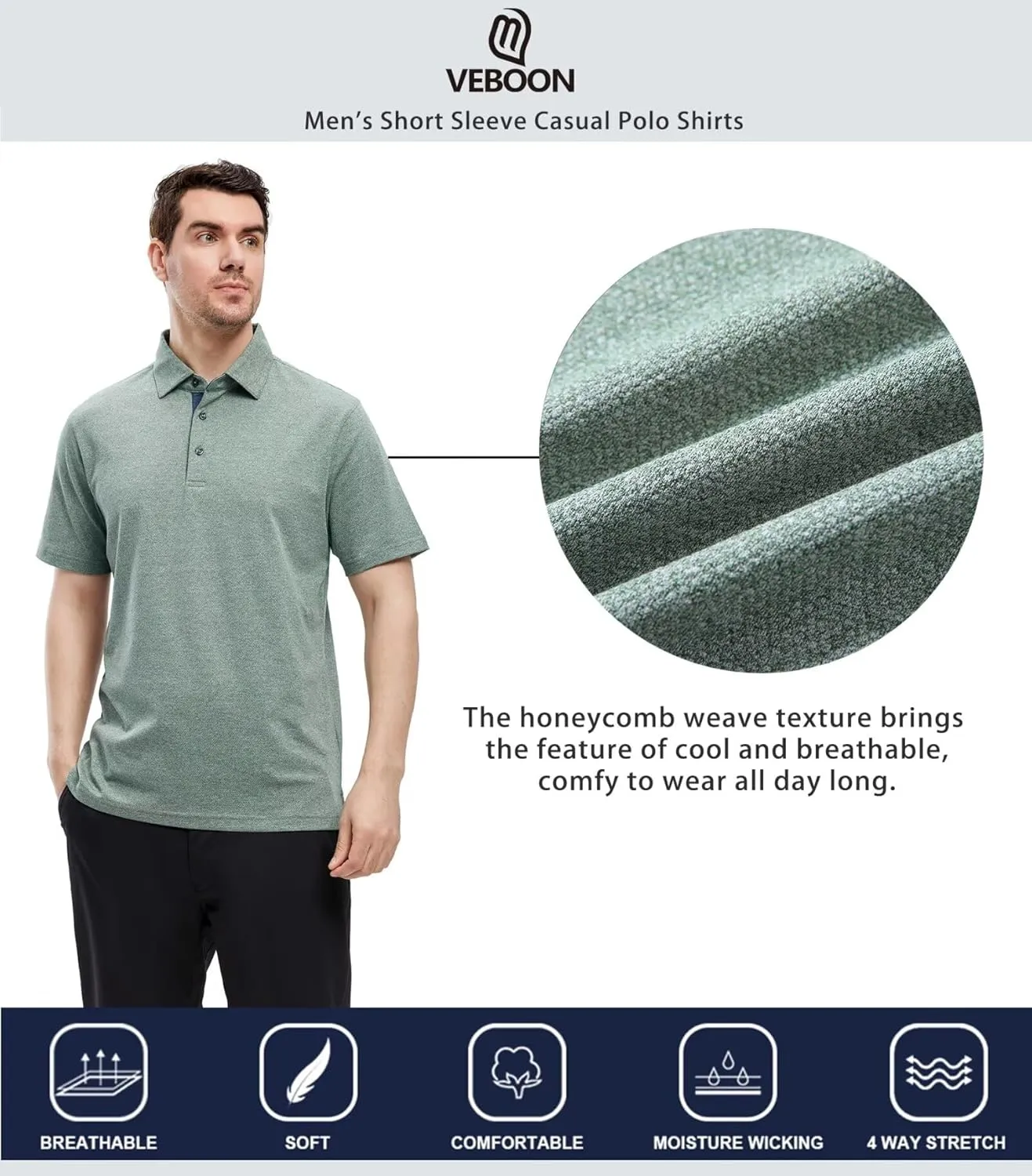 VEBOON Men's Polo Shirts Long and Short Sleeve Cotton Blend Heather Moisture Wicking Casual Collared Shirts