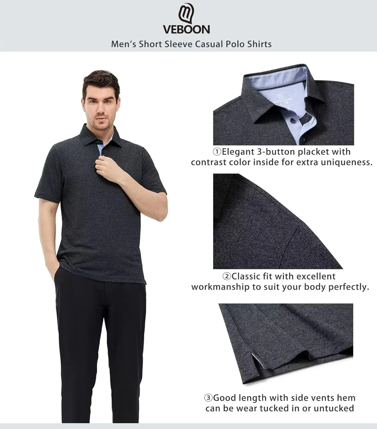 VEBOON Men's Polo Shirts Long and Short Sleeve Cotton Blend Heather Moisture Wicking Casual Collared Shirts