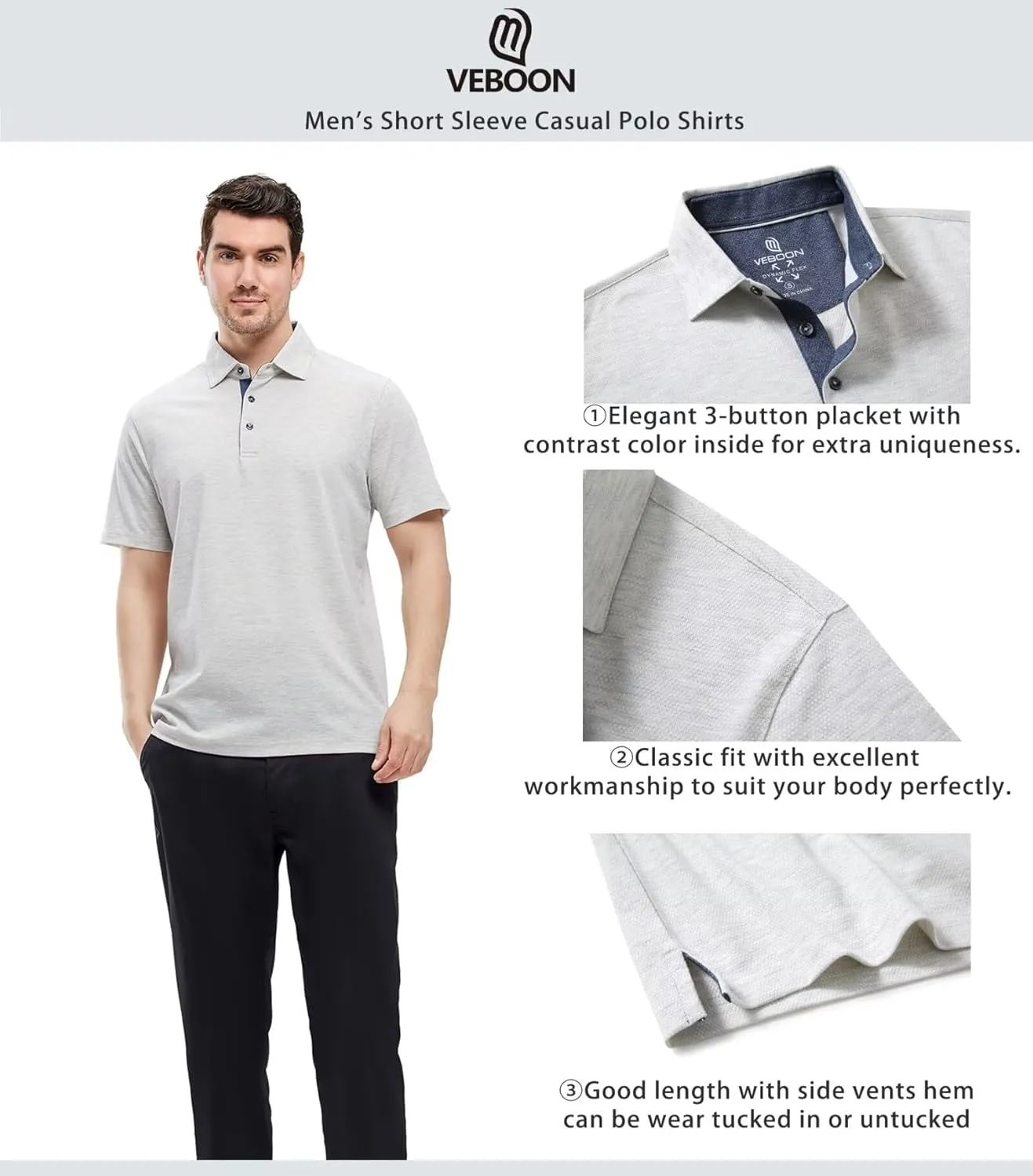 VEBOON Men's Polo Shirts Long and Short Sleeve Cotton Blend Heather Moisture Wicking Casual Collared Shirts