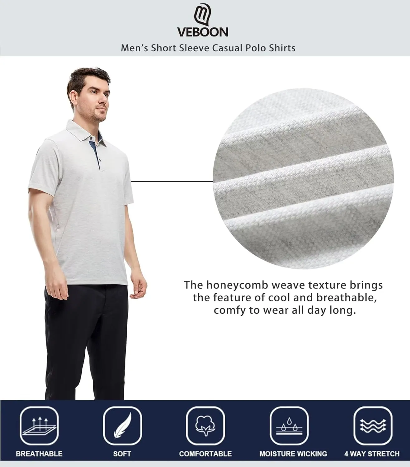 VEBOON Men's Polo Shirts Long and Short Sleeve Cotton Blend Heather Moisture Wicking Casual Collared Shirts