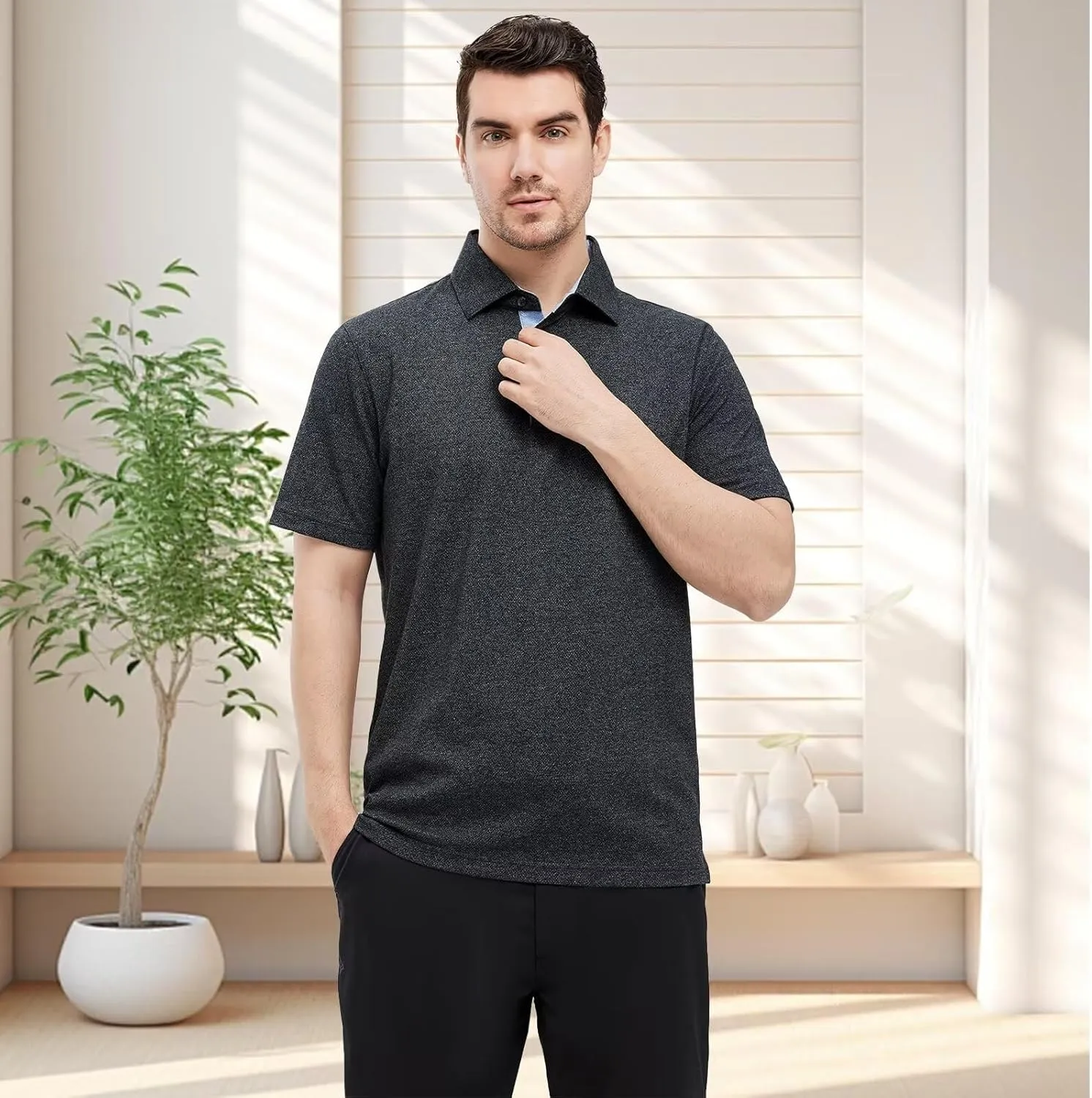 VEBOON Men's Polo Shirts Long and Short Sleeve Cotton Blend Heather Moisture Wicking Casual Collared Shirts