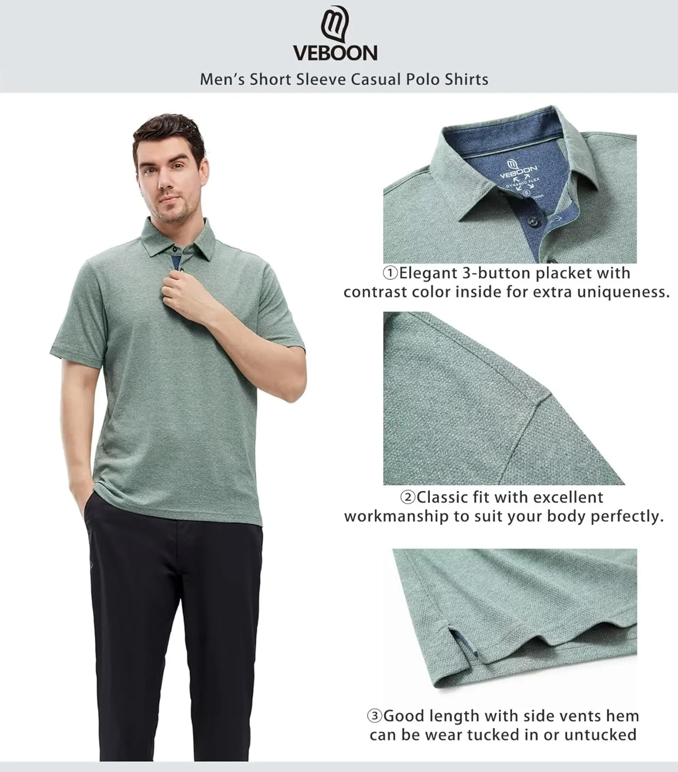 VEBOON Men's Polo Shirts Long and Short Sleeve Cotton Blend Heather Moisture Wicking Casual Collared Shirts