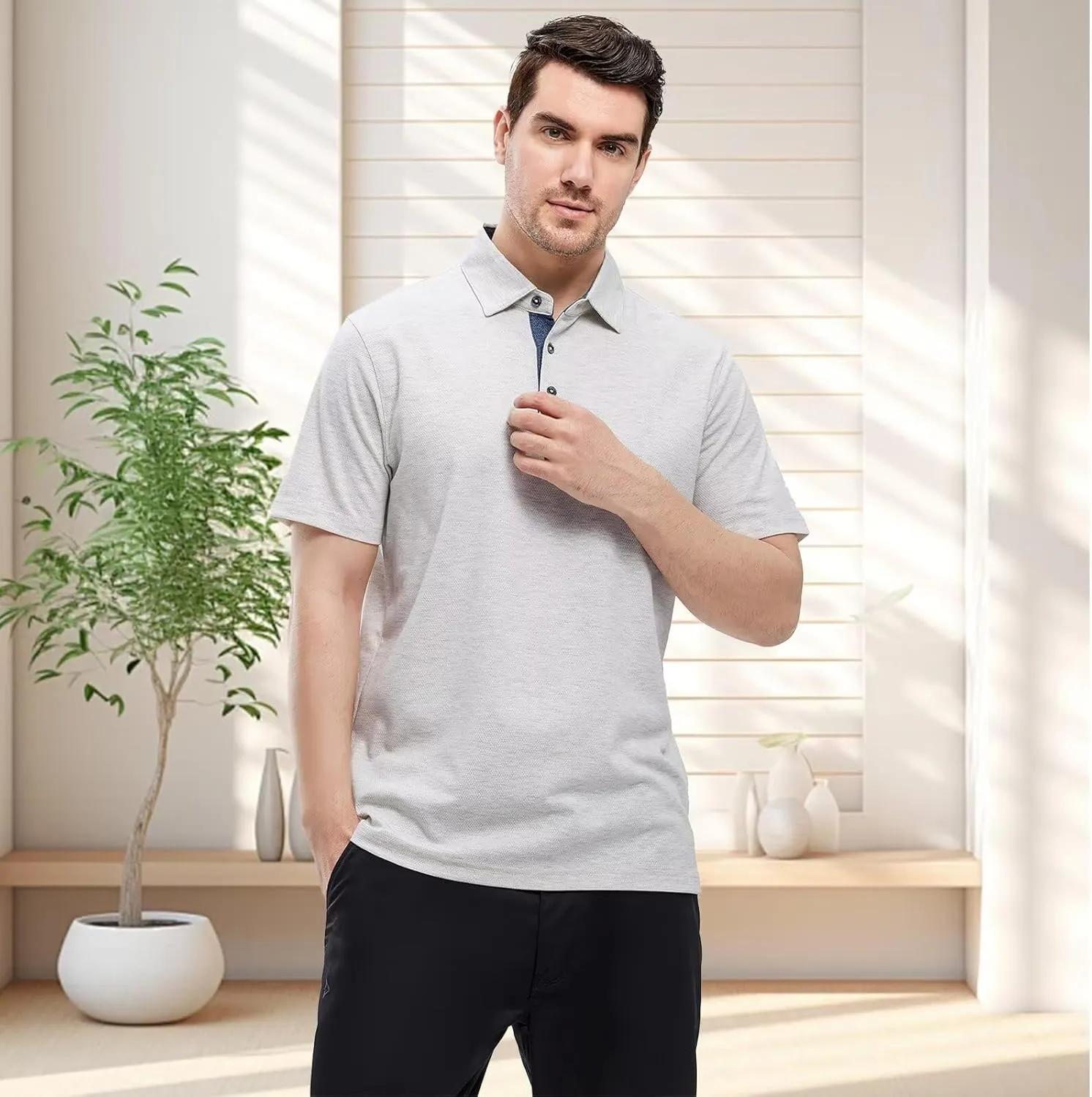 VEBOON Men's Polo Shirts Long and Short Sleeve Cotton Blend Heather Moisture Wicking Casual Collared Shirts
