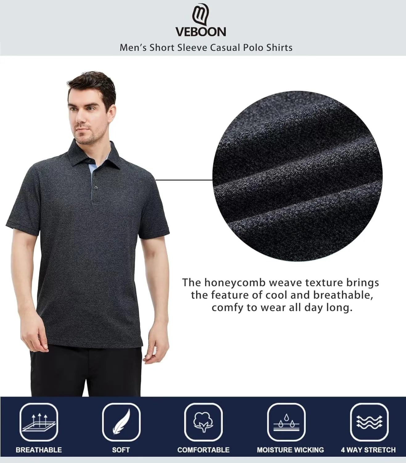 VEBOON Men's Polo Shirts Long and Short Sleeve Cotton Blend Heather Moisture Wicking Casual Collared Shirts