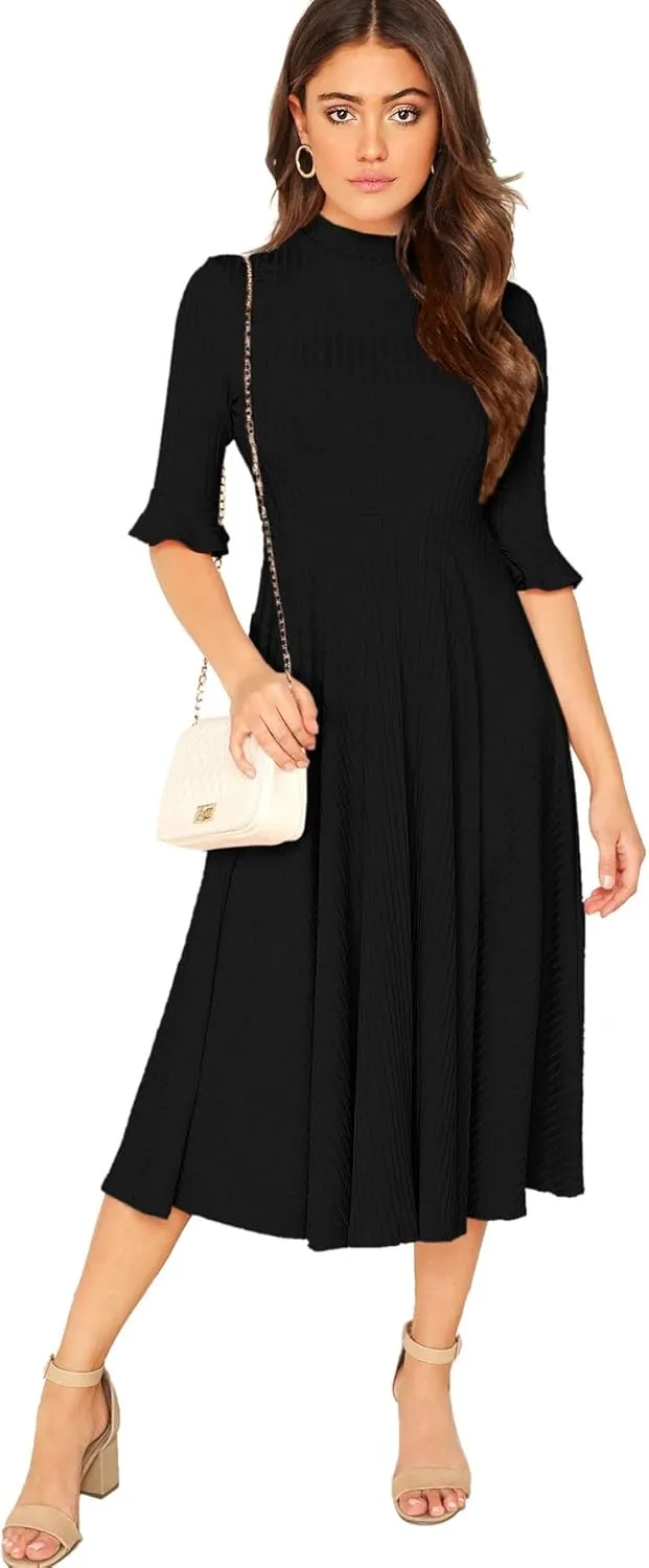 Verdusa Women's Elegant Ribbed Ruffle Half Sleeve A Line Dresses Fit and Flare Midi Dress